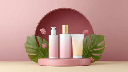 Beautiful skincare products in soft pastel hues presented on a round podium, surrounded by tropical leaves and pink flowers, ideal for beauty advertising and marketing.の素材