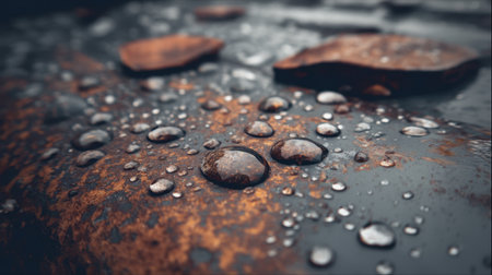 This captivating image features close-up water droplets perched on a rusty metal surface, illustrating the intricate details of decay and the interplay of light.の素材