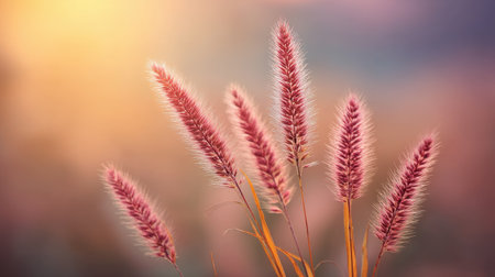 A stunning image showcasing delicate pink grass with fluffy textures, illuminated by a warm pastel sunset, creating a tranquil and serene atmosphere perfect for nature lovers.の素材