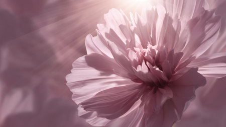 A stunning close-up of a delicate pink flower, softly illuminated by gentle light rays. Perfect for nature themes or floral design projects. Captures serene beauty.の素材