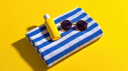 Summer essentials are arranged neatly on a bright yellow background, featuring a striped towel, trendy sunglasses, and sunscreen bottle for beach relaxation.の素材