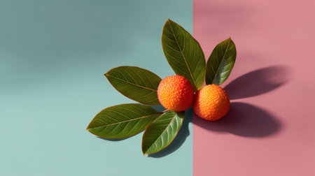 This striking image showcases vibrant orange fruits with textured skin, nestled among glossy green leaves on a soft pastel background, creating a harmonious composition.の素材