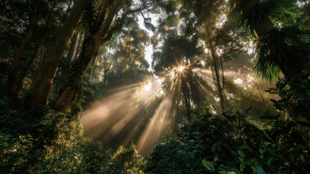 A breathtaking view of a forest with beams of sunlight shining through the trees, creating a mystical ambiance. The lush greenery adds to the serene atmosphere.の素材
