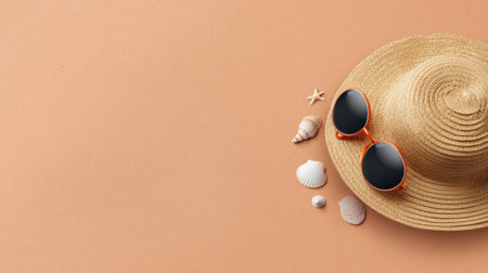 Capture the essence of summer with this image featuring a stylish sun hat and sunglasses surrounded by seashells on a sandy background, perfect for beach vibes.の素材