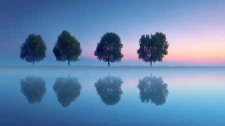 Experience the serene beauty of trees standing tall, reflected in calm water under the gentle hues of morning light, capturing a tranquil moment in natureの素材