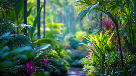 Explore a vibrant tropical garden pathway, framed by lush greenery and colorful plants, creating a peaceful atmosphere ideal for relaxation and contemplation.の素材