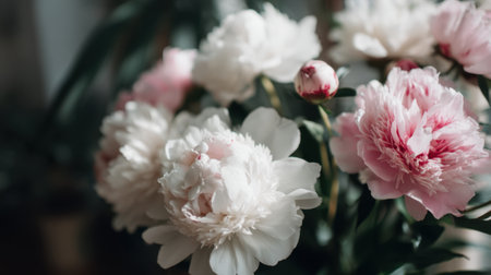 A stunning close-up of pink and white peonies, showcasing their soft petals and vibrant colors. Perfect for enhancing interior spaces and evoking feelings of peace.の素材