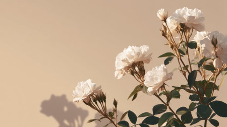 A stunning arrangement of delicate white roses casting soft shadows against a neutral background. This image captures the beauty and elegance of nature, perfect for decor.の素材