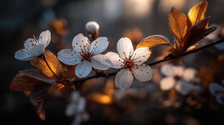 A stunning close-up shot captures delicate cherry blossom flowers adorned with dew drops, illuminated by soft morning light, creating a serene and vibrant atmosphere.の素材
