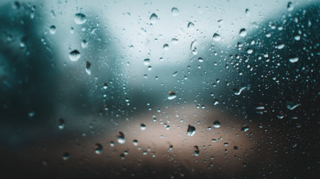 A captivating close-up of raindrops clinging to a window creates an artistic backdrop. The blurry view outside adds a calming ambiance, showcasing nature's beauty.の素材