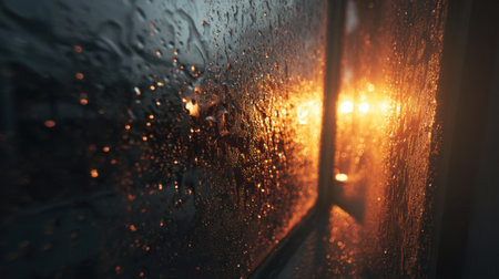 A close-up view of a rainy window showcasing droplets that reflect the warm sunlight of a sunset, creating a tranquil indoor atmosphere perfect for relaxation.の素材