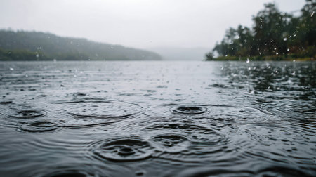 A tranquil view of a lake during rain, with gentle ripples forming on the surface, surrounded by misty hills and trees creating an atmospheric landscape.の素材