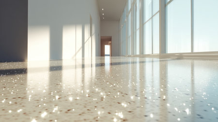 This image captures a bright and spacious modern hallway with a polished floor that reflects the natural light streaming through large windows, creating a serene atmosphere.の素材