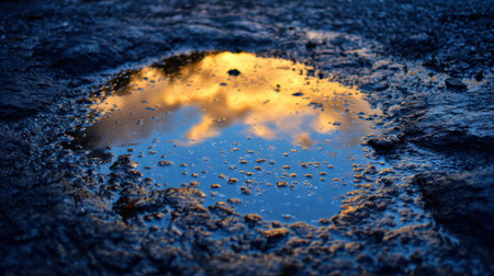 A captivating scene of a calm water puddle reflecting a beautiful sunset sky filled with golden and blue tones, surrounded by natural textures and earthy elements.の素材