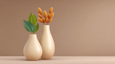 Stylish arrangement of elegant minimalist vases featuring dried flowers and green leaves against a soft neutral background, perfect for modern home decor inspiration.の素材