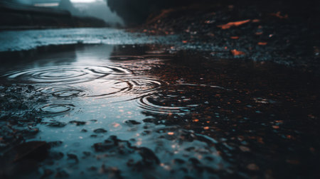 A close-up view of raindrops falling into a puddle, creating ripples. The soft focus background adds depth, while warm tones reflect the beauty of nature on a rainy day.の素材