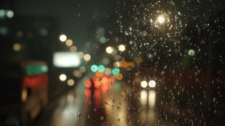 A captivating nighttime city scene showing raindrops on glass, offering a view of blurred traffic lights and reflections. This image conveys a moody urban atmosphere.の素材