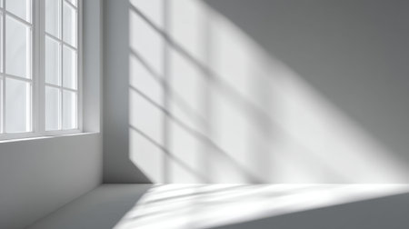 A bright and minimalist room showcasing sunlight streaming through a window, casting intriguing shadow patterns on the smooth wall and floor, evoking tranquility.の素材