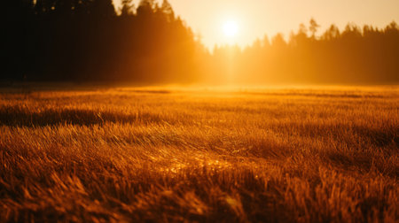 Experience the breathtaking beauty of a golden sunrise illuminating a tranquil field, surrounded by tall trees and lush greenery, creating a serene morning atmosphere.の素材