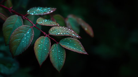 A captivating close-up image featuring vibrant green leaves adorned with water droplets, showcasing the beauty of nature after rainfall against a dark background.の素材