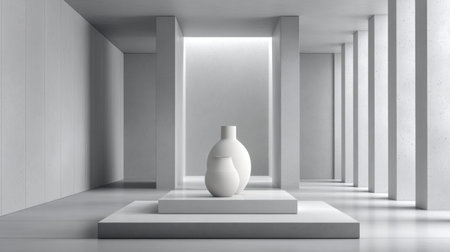 A striking minimalist interior scene showcasing white vases in a modern gallery. The interplay of natural light emphasizes clean lines and a serene atmosphere.の素材