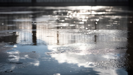 A serene image showcasing the reflective surface of a wet pavement after rain, with sunlight glistening and soft clouds overhead, creating a peaceful urban atmosphere.の素材