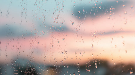 A stunning close-up capture of raindrops clinging to a window pane, showcasing a colorful sunset in the background that evokes feelings of tranquility and beauty.の素材