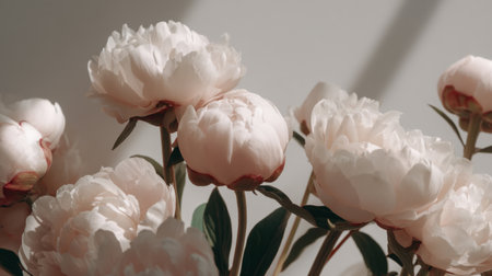 A stunning display of soft pink peonies with lush green leaves against a light backdrop, creating an elegant and serene atmosphere ideal for decor.の素材