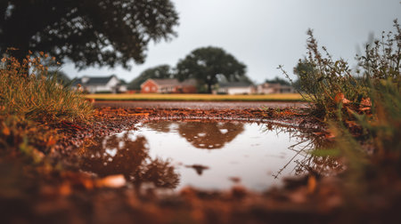 A tranquil scene featuring a puddle reflecting a serene landscape of trees and homes under a cloudy sky captures the essence of nature's beauty after rain.の素材