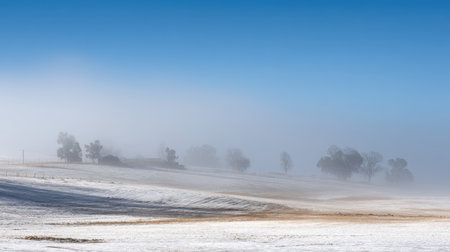 A stunning winter landscape featuring soft mist enveloping trees and a frost-covered ground under a clear blue sky, evoking tranquility and peace in nature.の素材