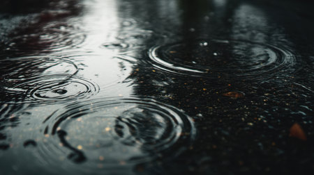Captured in a close-up view, this photo showcases raindrops forming ripples on a dark wet surface, evoking a tranquil urban atmosphere during rainy weather.の素材