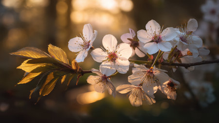 Capturing the essence of spring, this image presents exquisite cherry blossoms glowing in soft lighting, evoking feelings of tranquility and natural beauty.の素材