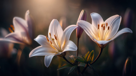 Beautiful close-up of white lilies illuminated by soft sunlight, showcasing their elegant petals and vibrant stamens, perfect for nature-inspired themes and floral designs.の素材