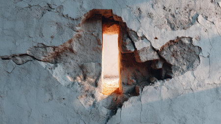 A weathered wall features a prominent crack, allowing a vivid stream of light to pour through. This image captures the beauty of decay and architectural detail.の素材
