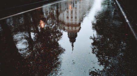A serene street scene showcasing a historical building reflected in a puddle after the rain, enhancing the urban atmosphere during dusk with soft light and shadows.の素材