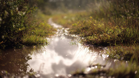 A serene pathway framed by vibrant greenery and a puddle that reflects the sky, offering a tranquil atmosphere perfect for nature lovers and outdoor enthusiasts.の素材