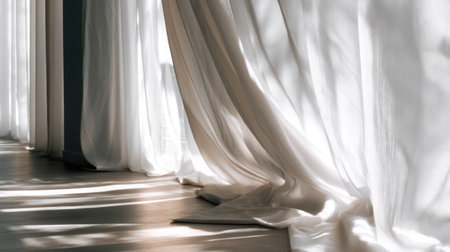 Illuminating soft white curtains gracefully drape in a sunlit room, showcasing gentle shadows on a polished floor, evoking a serene and cozy atmosphere.の素材