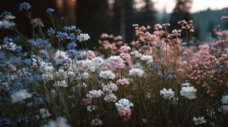 A stunning display of wildflowers in a serene meadow at sunset, featuring a vibrant mix of blue, pink, and white blooms set against lush green grass and trees.の素材