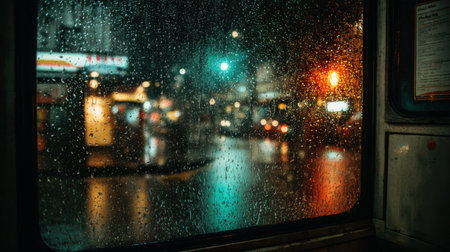 A striking image of raindrops on a windowpane, showcasing a colorful urban nightlife scene with glowing lights and reflections, evoking a sense of mood and solitude.の素材