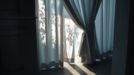 A tranquil morning scene showcasing soft light streaming through sheer curtains, casting gentle shadows on the floor, creating a peaceful and inviting atmosphere.の素材