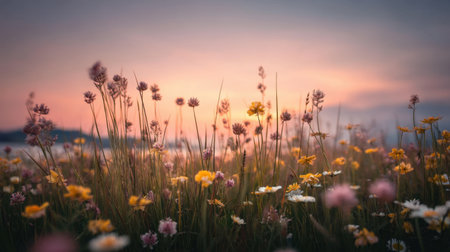 A picturesque view of a wildflower meadow during sunset showcases a blend of colors and delicate petals swaying in the soft breeze, evoking peace.の素材