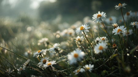 Experience the serene beauty of fresh daisies blooming in a misty meadow, where soft morning light filters through dew-covered petals creating a tranquil atmosphere.の素材