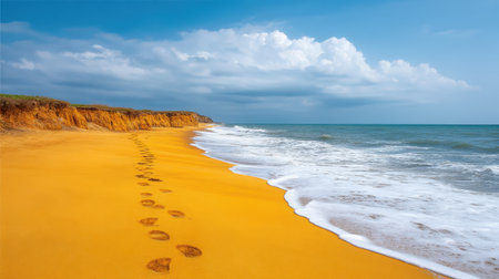 A picturesque beach scene featuring golden sand and gentle ocean waves under a partly cloudy sky, with footprints leading to the tranquil waters. Perfect for relaxation.の素材