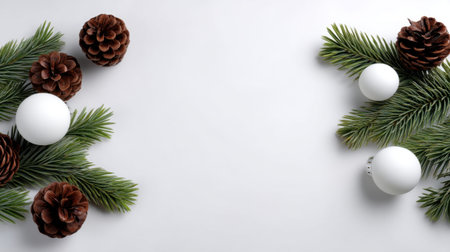 Elegant seasonal arrangement featuring pinecones and white ornaments combined with vibrant pine branches, perfect for creating a warm and festive atmosphere in holiday settings.の素材