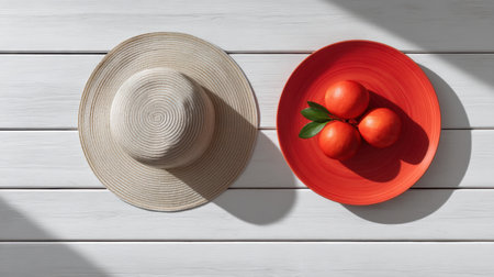 A chic summer hat pairs beautifully with a plate of vibrant citrus fruits, creating an inviting and fresh mood. Perfect for seasonal and lifestyle imagery.の素材