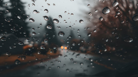 A serene view of a rainy day drive, with raindrops on the window creating a soft, blurred atmosphere, highlighting foggy lights in the background.の素材