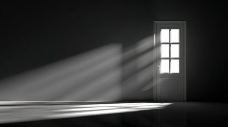 A serene and minimalist scene featuring a bright door that casts soft rays of light and shadows on the floor, creating an atmosphere of solitude and calmness.の素材