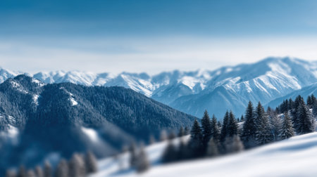 Captivating winter scene featuring majestic mountains blanketed in snow, dotted with evergreen trees, under a clear blue sky. Ideal for nature and travel inspiration.の素材
