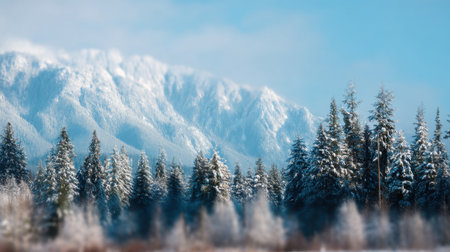 A breathtaking winter scene showcasing snow-covered mountains and tall pine trees against a clear blue sky, evoking a peaceful and serene atmosphere.の素材