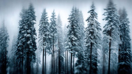 A peaceful winter scene showcasing tall evergreen trees blanketed in fresh snow amidst a cold, misty atmosphere ideal for winter enthusiasts and photographers.の素材
